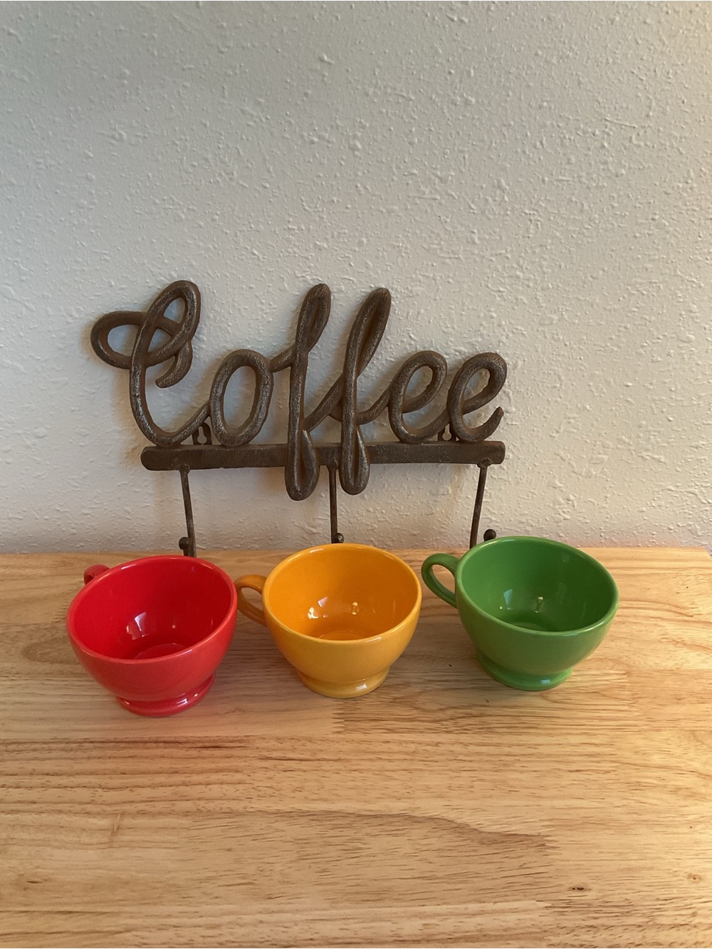 Ceramic Coffee Cup Trio in Red, Yellow, and Green - with wall hanger